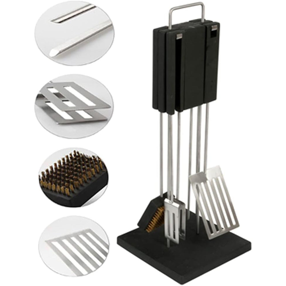 Set di 4 Utensili per Barbecue con piantana Attrezzi per grigliate braciata Camino in Acciaio