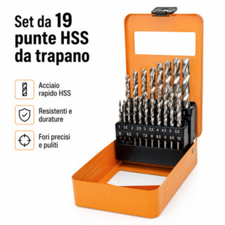 Set 19 punte trapano HSS titanio 1 a 10 mm per metallo legno plastica