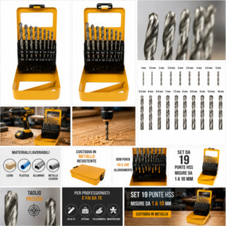 Set 19 punte trapano HSS titanio 1 a 10 mm per metallo legno plastica