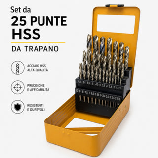 Set 25 punte trapano HSS titanio 1 a 13 mm per metallo legno plastica
