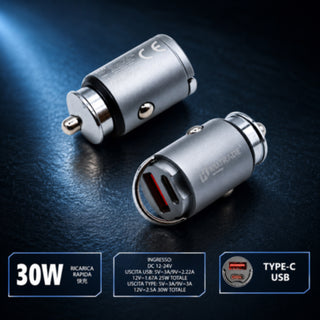 Adattatore auto accendisigari doppio ingresso USB e Type-C 30 Watt
