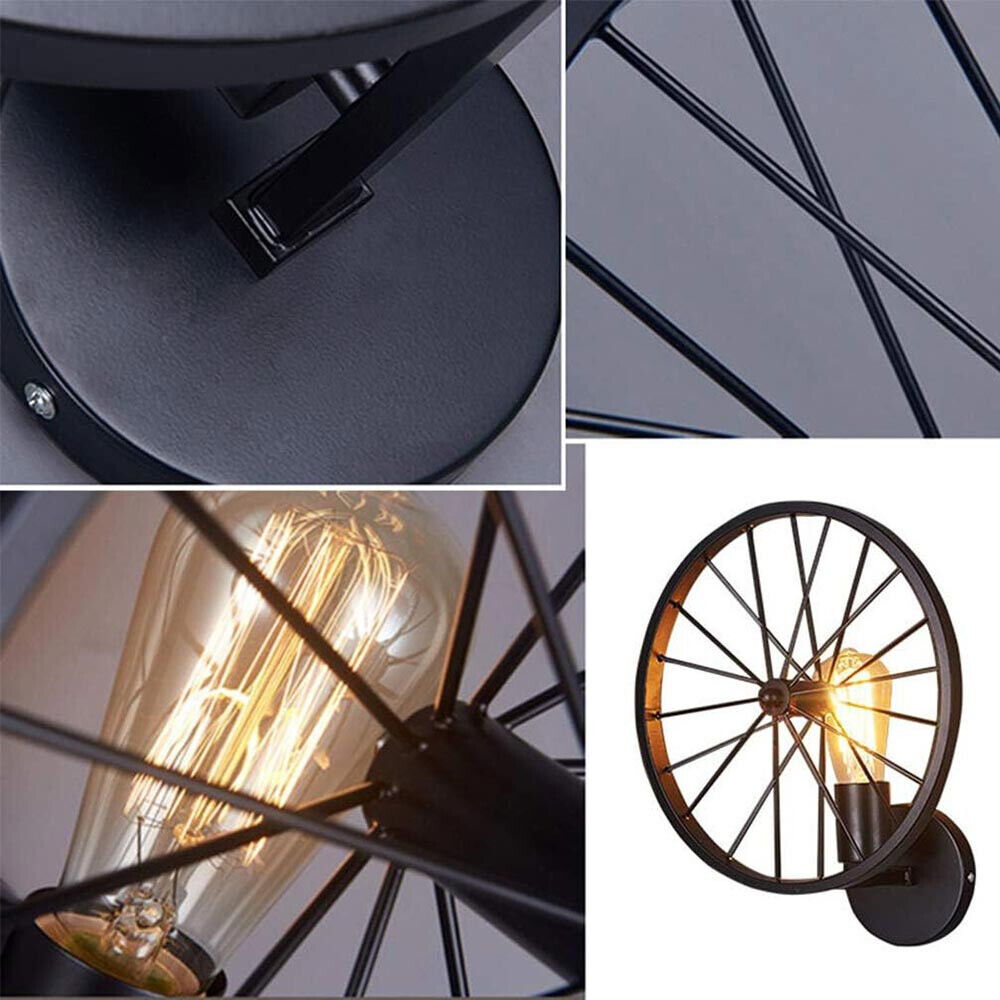 Applique a parete stile vintage lampada da muro country a forma di ruota di bicicletta nero attacco E27