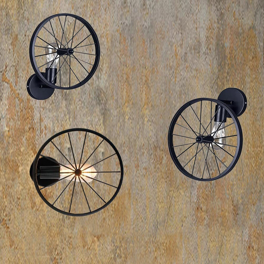 Applique a parete stile vintage lampada da muro country a forma di ruota di bicicletta nero attacco E27