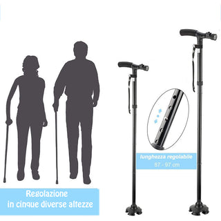 Bastone per anziani con torcia led pieghevole altezza regolabile