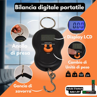Bilancia portatile LCD con gancio per valige pesa fino a 50 Kg