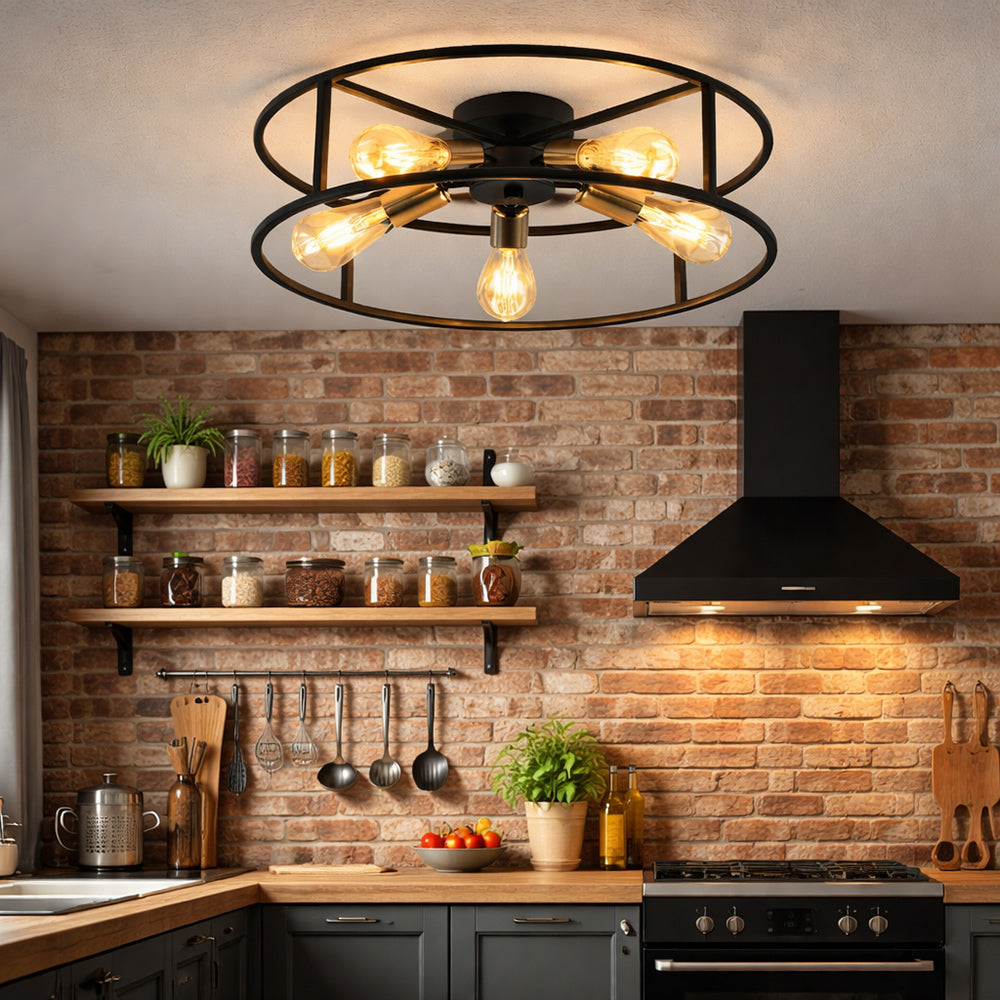 Plafoniera Industriale Vintage A Forma Di Fiore 5 Luci E27: Lampada A Soffitto In Metallo Nero Per Soggiorno E Camera Da Letto