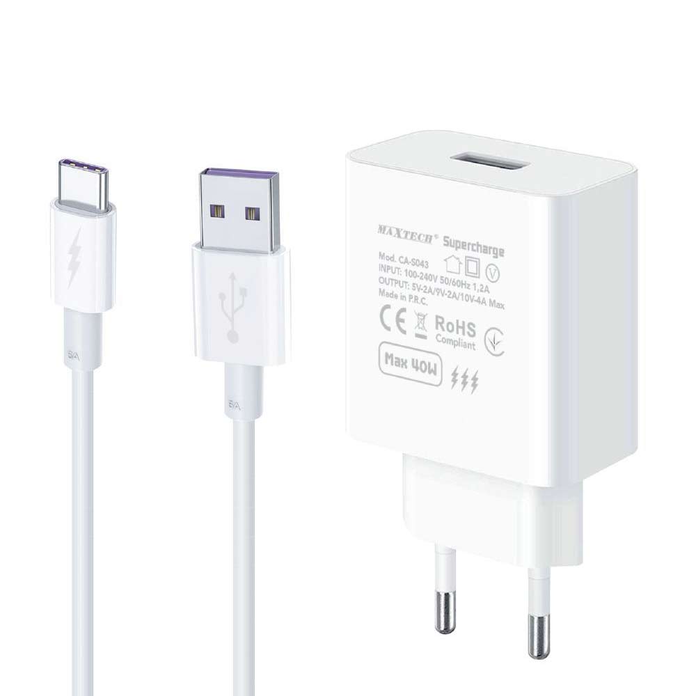 Kit caricabatterie usb-typec per tablet smartphone  caco 1 metro bianco supercharge 40 watt