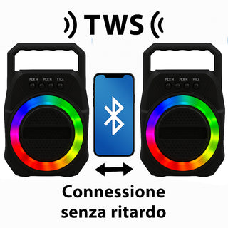 Cassa bluetooth TWS radio FM luci led RGB 5W ricaricabile USB/TF/AUX