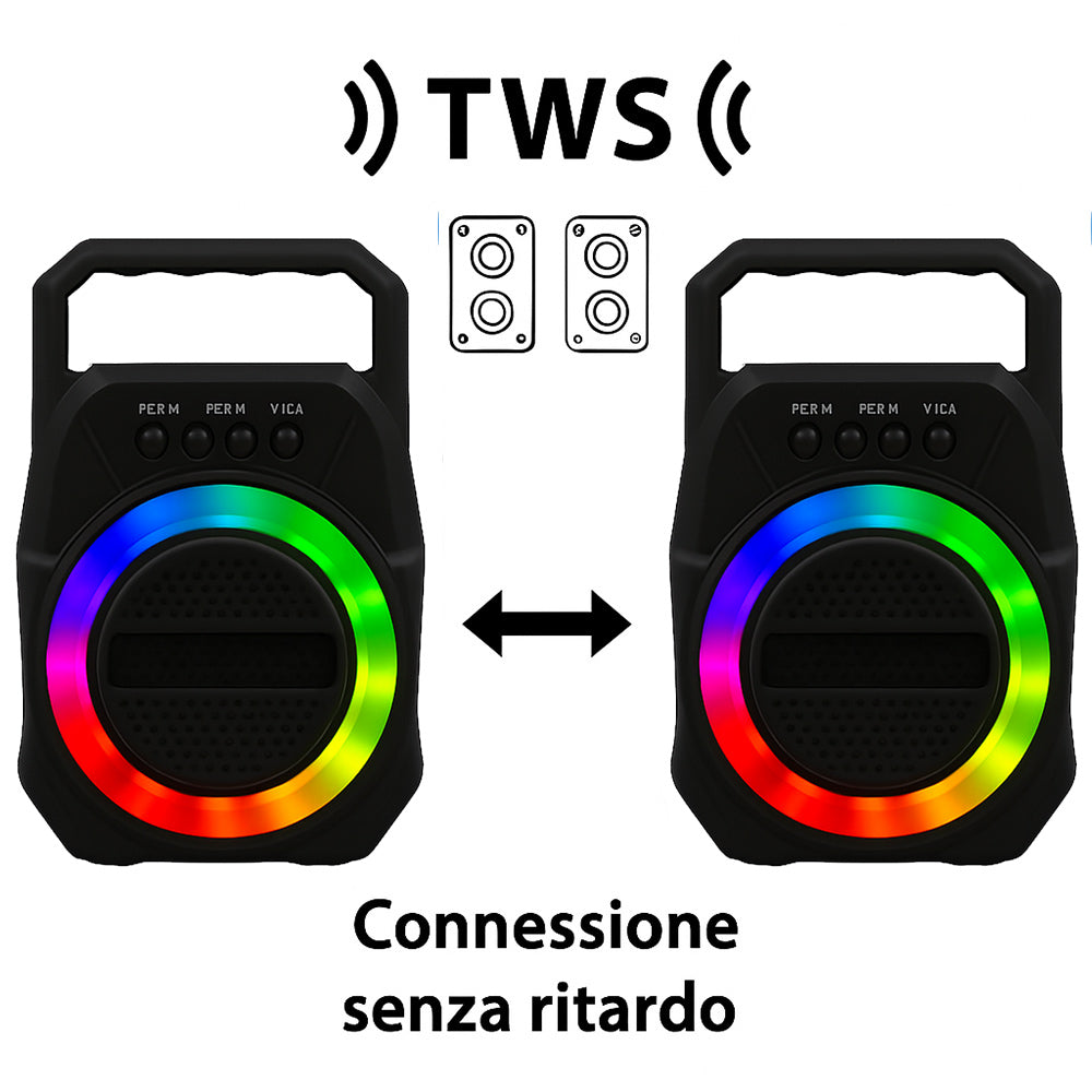 Cassa bluetooth TWS radio FM luci led RGB 5W ricaricabile USB/TF/AUX – Vetrineinrete