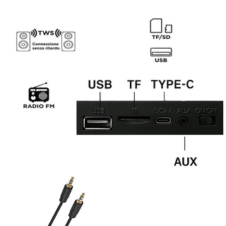 Cassa bluetooth TWS radio FM luci led RGB 5W ricaricabile USB/TF/AUX