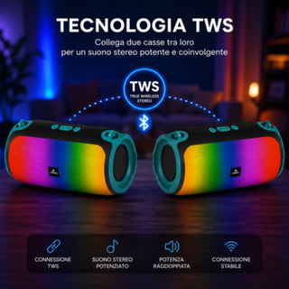 Cassa Bluetooth Portatile 30W RMS LED RGB TWS Radio FM TF/SD USB