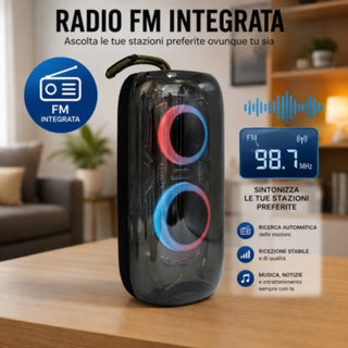 Cassa Bluetooth 5.3 portatile TWS RGB 20W RMS ricaricabile radio FM