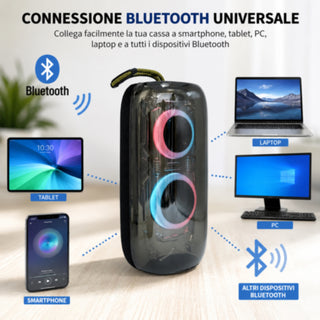 Cassa Bluetooth 5.3 portatile TWS RGB 20W RMS ricaricabile radio FM