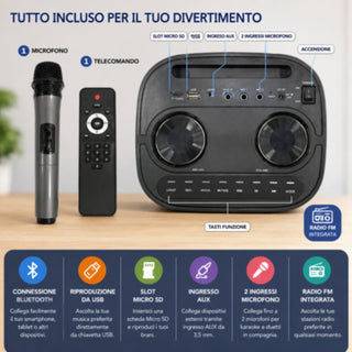Cassa bluetooth Karaoke TWS 360W con microfono telecomando SD USB