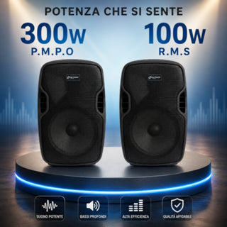 Coppia Casse Bluetooth 300W PMPO 100W RMS con Microfono USB SD 10"