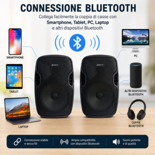 Coppia Casse Bluetooth 300W PMPO 100W RMS con Microfono USB SD 10"