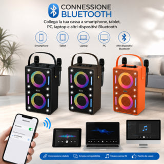 Cassa Bluetooth Karaoke 30W RMS con Luci RGB 2 microfoni ricaaricabile