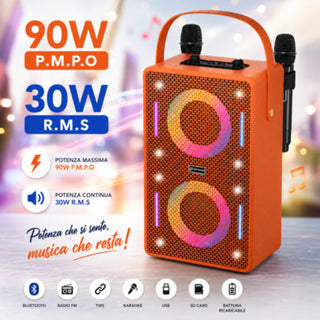 Cassa Bluetooth Karaoke 30W RMS con Luci RGB 2 microfoni ricaaricabile
