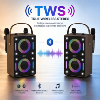 Cassa Bluetooth Karaoke 30W RMS con Luci RGB 2 microfoni ricaaricabile