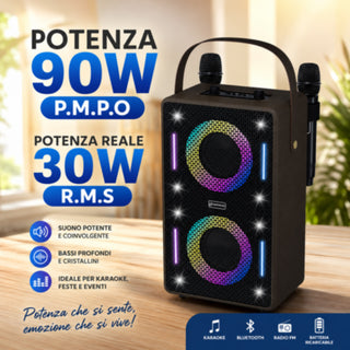 Cassa Bluetooth Karaoke 30W RMS con Luci RGB 2 microfoni ricaaricabile
