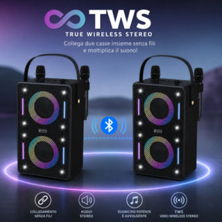 Cassa Bluetooth Karaoke 30W RMS con Luci RGB 2 microfoni ricaaricabile