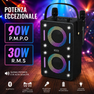 Cassa Bluetooth Karaoke 30W RMS con Luci RGB 2 microfoni ricaaricabile