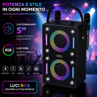 Cassa Bluetooth Karaoke 30W RMS con Luci RGB 2 microfoni ricaaricabile