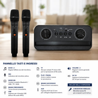 Cassa Bluetooth Karaoke 30W RMS con Luci RGB 2 microfoni ricaaricabile
