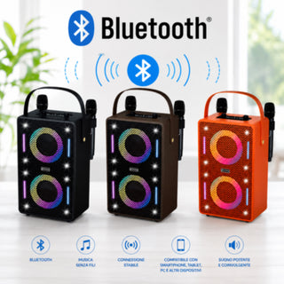 Cassa Bluetooth Karaoke 30W RMS con Luci RGB 2 microfoni ricaaricabile