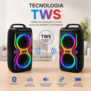 Cassa Bluetooth portatile a zaino 100W RMS con luci RGB ricaricabile