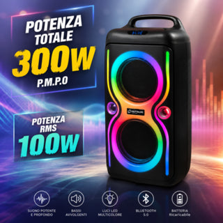Cassa Bluetooth portatile a zaino 100W RMS con luci RGB ricaricabile