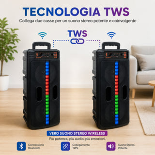 Cassa Bluetooth Ricaricabile 20W RMS con LED RGB radio FM usb sd