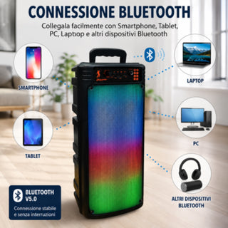 Cassa Bluetooth Ricaricabile RGB 20W RMS con Radio FM usb sd