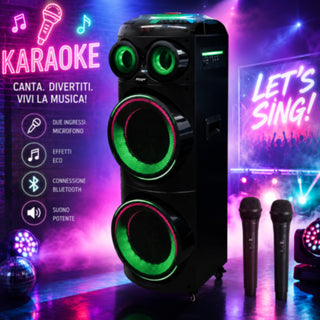 Cassa Bluetooth Karaoke 450W con 2 Microfoni Wireless TWS radio FM SD