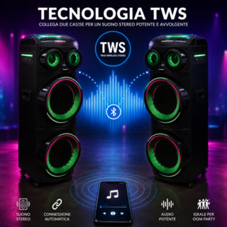 Cassa Bluetooth Karaoke 450W con 2 Microfoni Wireless TWS radio FM SD