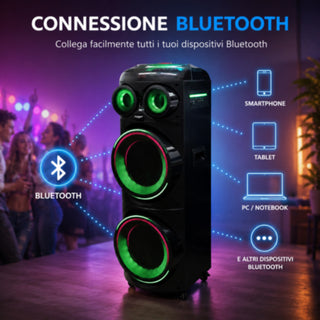 Cassa Bluetooth Karaoke 450W con 2 Microfoni Wireless TWS radio FM SD