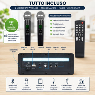 Cassa Bluetooth Karaoke 450W con 2 Microfoni Wireless TWS radio FM SD