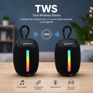 Cassa Bluetooth 5.3 Portatile 5W RMS con LED RGB TWS e Radio FM