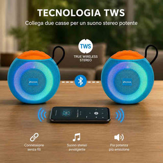 Cassa Bluetooth 5.3 Portatile RGB 8W con TWS e Radio FM USB/SD/AUX