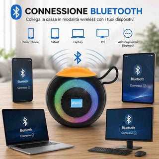 Cassa Bluetooth 5.3 Portatile RGB 8W con TWS e Radio FM USB/SD/AUX
