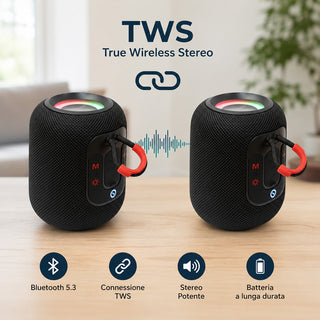 Cassa Bluetooth 5.3 Portatile 15W con LED RGB TWS e Radio FM
