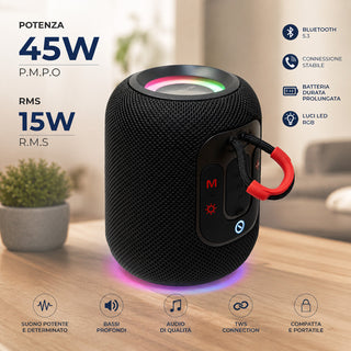 Cassa Bluetooth 5.3 Portatile 15W con LED RGB TWS e Radio FM