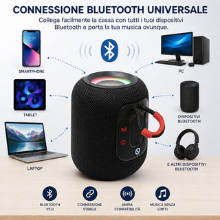 Cassa Bluetooth 5.3 Portatile 15W con LED RGB TWS e Radio FM