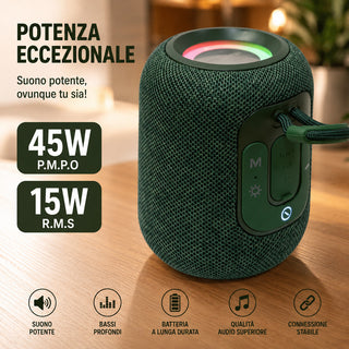 Cassa Bluetooth 5.3 Portatile 15W con LED RGB TWS e Radio FM