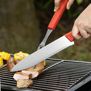 Set per barbecue coltello e forchettone in acciaio manico in legno