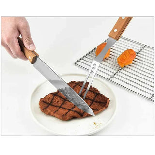 Set per barbecue coltello e forchettone in acciaio manico in legno