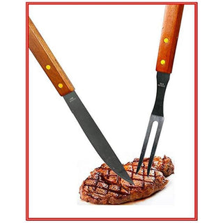 Set per barbecue coltello e forchettone in acciaio manico in legno
