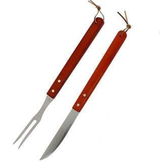 Set per barbecue coltello e forchettone in acciaio manico in legno