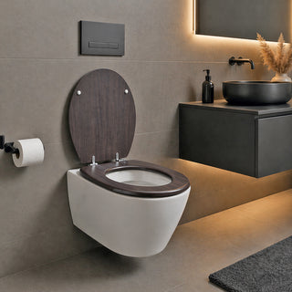 Copriwater universale marrone scuro effetto legno in MDF con cerniere