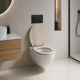Copriwater universale beige chiaro effetto legno in MDF con cerniere